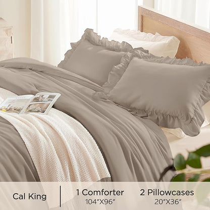 Andency Light Brown Ruffle Comforter Cal King(104x96Inch), 3 Pieces(1 Ruffled Comforter and 2 Pillowcases) Solid Farmhouse Shabby Chic Bed, Vintage Rustic Soft Microfiber Bedding Set