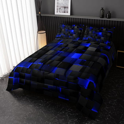 Neon Blue Black Comforter Set King Geometric Kids Bedding Set,3 PCS Geometry Honeycomb Bed Set Modern Quilt Set 1 Comforter 2 Pillow Cases Cool Room Decor All Season B-Side Black