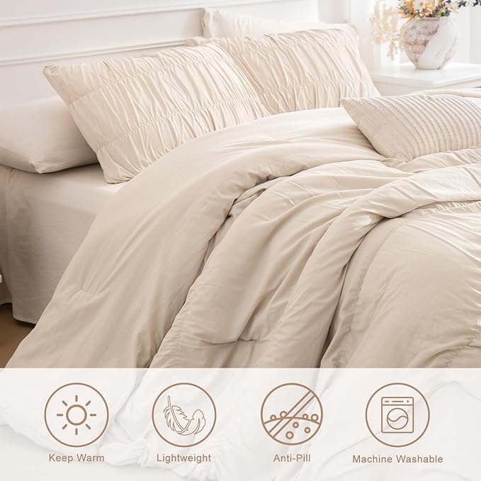 Masaca Oversized King Comforter(120"x98"),Wheat Ruched Ruffle Bedding Comforter Set,3 Pieces Lightweight California King Farmhouse Shabby Boho Chic French Country Bedding Set for All Season