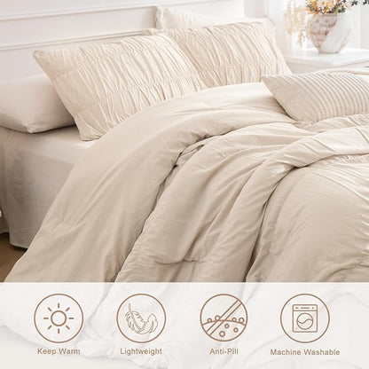 Masaca Oversized King Comforter(120"x98"),Wheat Ruched Ruffle Bedding Comforter Set,3 Pieces Lightweight California King Farmhouse Shabby Boho Chic French Country Bedding Set for All Season