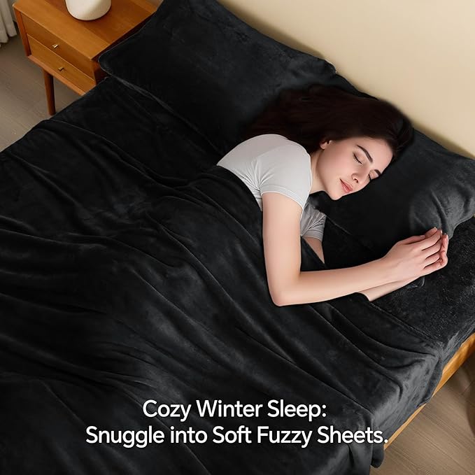 BEDELITE Flannel Sheets Queen Size Black - Super Soft Fleece Sheets Set Fluffy Extra Plush, 4 Piece(Include Fitted Sheet, Flat Sheet, 2 Pillowcases)