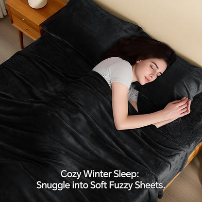 BEDELITE Flannel Sheets Full Size Black - Super Soft Fleece Sheets Set Fluffy Extra Plush, 4 Piece(Include Fitted Sheet, Flat Sheet, 2 Pillowcases)