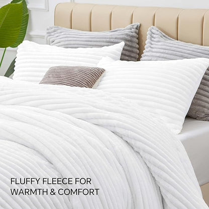 BEDELITE Fleece King Comforter Set -Super Soft & Warm Fluffy Bright White Bedding, Luxury Fuzzy Heavy Bed Set for Winter with 2 Pillow Cases
