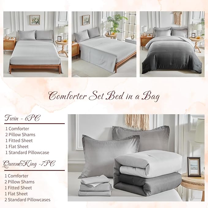 Black and Grey Gradient Comforter Set Queen Size 7 Pieces Elegant Ombre Bed in a Bag - Reversible All Season Bedding Set with Comforter, Flat Sheet, Fitted Sheet, 2 Pillowcases & 2 Pillow Shams