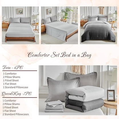Black and Grey Gradient Comforter Set Queen Size 7 Pieces Elegant Ombre Bed in a Bag - Reversible All Season Bedding Set with Comforter, Flat Sheet, Fitted Sheet, 2 Pillowcases & 2 Pillow Shams