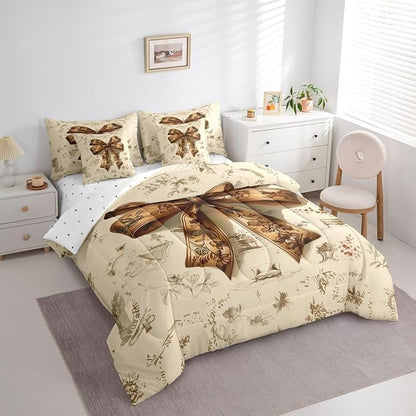 Erosebridal Brown Bowknot Bed in A Bag Queen | Coquette Decor Bohemian 7 Piece Comforter Set Western Cowboy Sheet Set Reversible Hippie Pastoral Style Fitted Sheet Breathable Lightweight