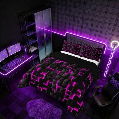 Erosebridal Neon Black Purple Comforter Set Full Violet Geometric Checkered Bedding Set for Kids Teen Adults Gaming Room Decor,Abstract Ombre Plaid Comforter Grids Quilt Duvet