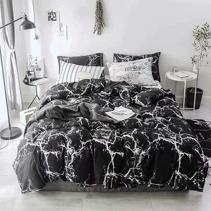 CLOTHKNOW Black White Full Size Comforter Sets 3Pcs Marble Bedding Comforter Sets Soft All Season Black Comforters with 2 x Pillow Cases