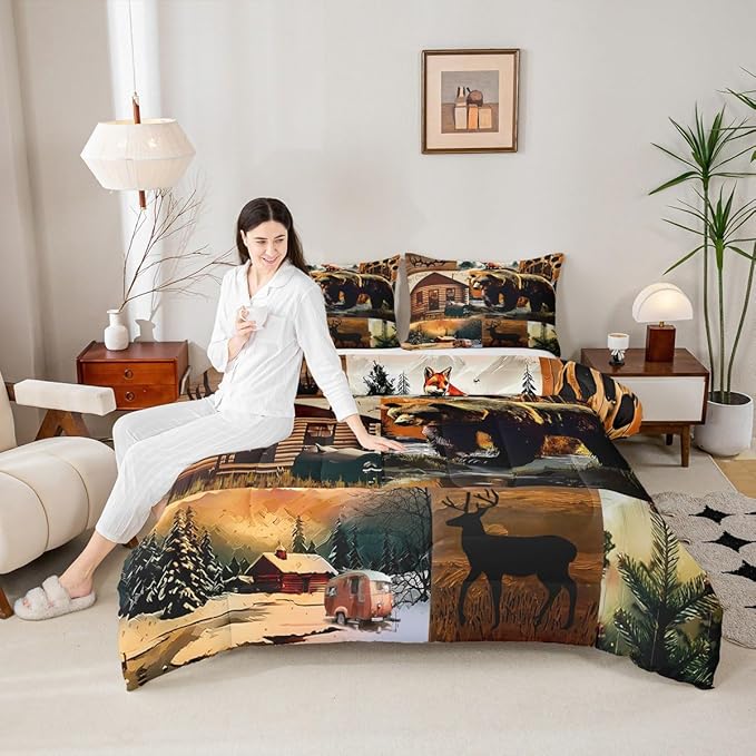 Erosebridal Rustic Lodge Comforter Set Toddler Size Bear Deer Fox Cabin Bedding Set for Kids Teens Adult | Country Woodland Animals Duvet Insert Vintage Barn Pine Trees Brown Black Quilt,2 Piece