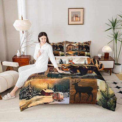 Erosebridal Rustic Lodge Comforter Set Queen Size Bear Deer Fox Cabin Bedding Set for Kids Teens Adult | Country Woodland Animals Duvet Insert Vintage Barn Pine Trees Brown Black Quilt,3 Piece