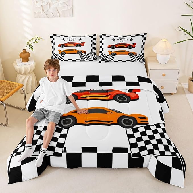 jejeloiu Boys Cartoon Racer Car Bedding Set King Size Black White Checkerboard Comforter Set for Kids Red Orange Duvet Set Cute Car Quilt Set 3Pcs