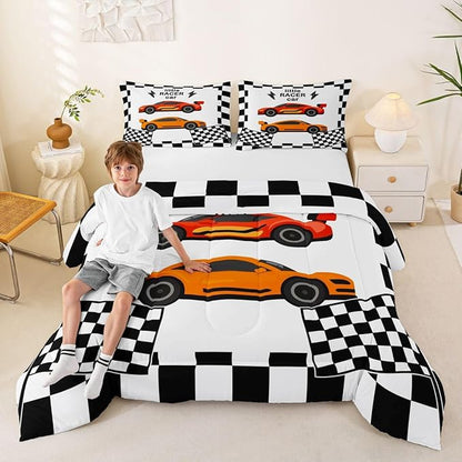 jejeloiu Boys Cartoon Racer Car Bedding Set Full Size Black White Checkerboard Comforter Set for Kids Red Orange Duvet Set Cute Car Quilt Set 3Pcs