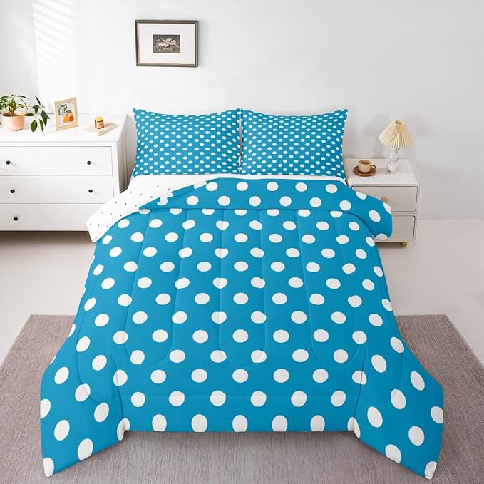 Manfei Polka Dots Comforter Set Toddler Size 2 Pcs,Modern Geometric Circles Abstract Simple Art Bedding Set,Cartoon French Style Dots Blue White Quilt Set for Child Bedroom,1 Pillowcase