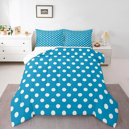 Manfei Polka Dots Comforter Set Twin Size 2 Pcs,Modern Geometric Circles Abstract Simple Art Bedding Set,Cartoon French Style Dots Blue White Quilt Set for Child Bedroom,1 Pillowcase