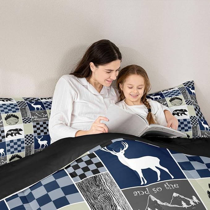Retro Farmhouse Cabin Comforter Set, Rustic Bear Deer Quilt Twin Size, Camping Lodge Forest Bedding Hunting Animal Blue Plaid Duvet Insert For Kids Teens Adult Bedroom Decor, Cabin Gifts For Men