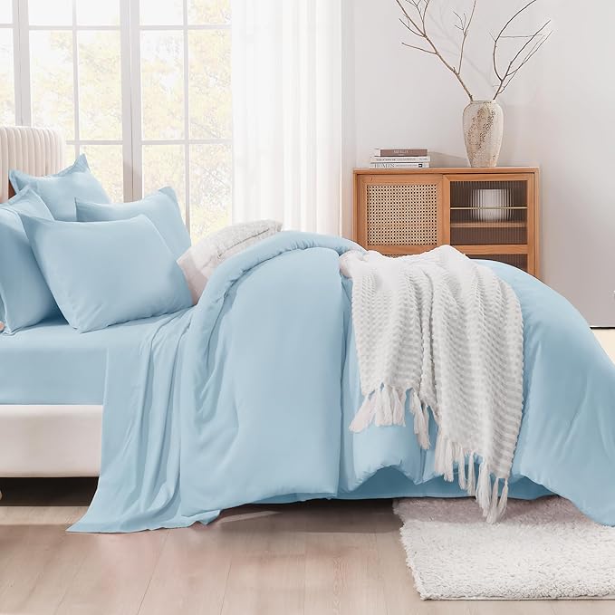 Litanika Twin/Twin XL Size Comforter Sets Grey Light Blue - 5 Pieces Bed in a Bag Twin/Twin XL Bedding Comforter Sets, Solid Lightweight Bed Set with Comforter, Sheets, Pillowcase & Sham