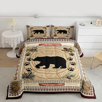 Erosebridal Black Bear Queen Comforter Set - Rustic Cabin Decor Bedding with Tribal Wild Animals, Western Swirls, Paw Print - Quilted Down Comforter for Exotic Nordic Style Bedroom Decor