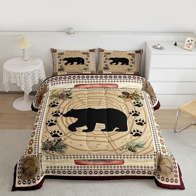 Erosebridal Rustic Cabin Decor Bed Set - Twin Size Tribal Bear Comforter with Swirls and Bear Paw Print Quilt - Exotic Nordic Style