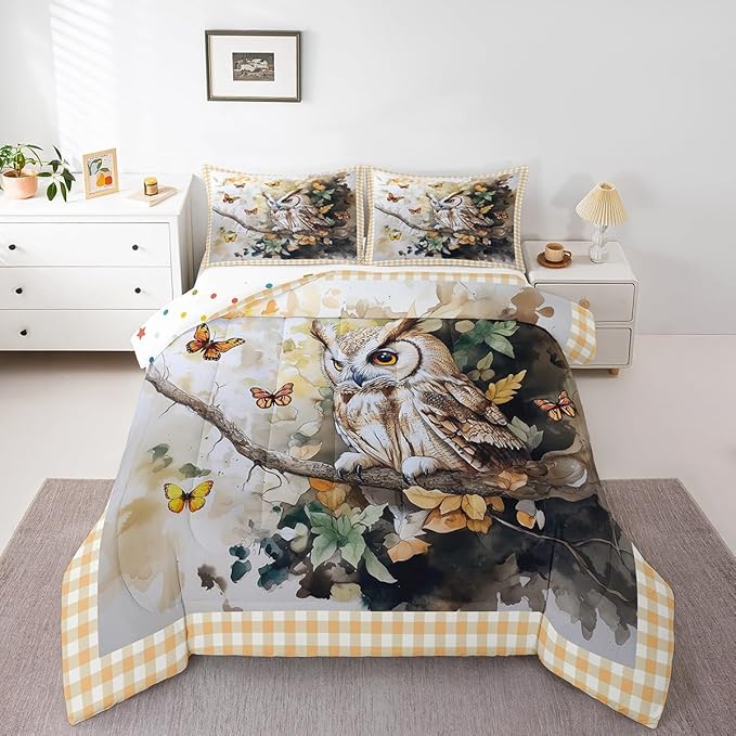 Owl Birds Kids Comforter Sets Queen,Jungle Exotic Birds Bedding Comforter Sets,Geometric Grids Quilt Sets for Boys Adult Bedroom Decor,Watercolor Butterfly Leaves Duvet Insert with 2 Pillowcases