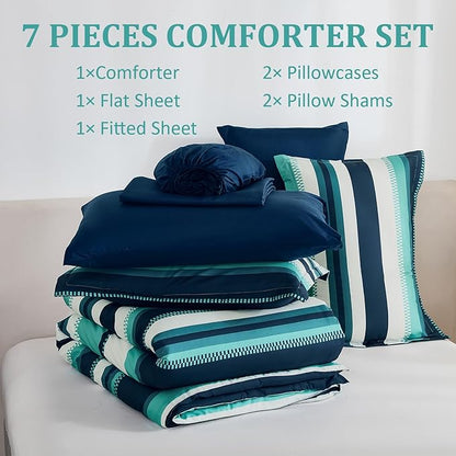 WONGS BEDDING Queen Comforter Set, Teal Comforter Set Queen, 7 Pieces Striped Bed in a Bag, Soft Micorfiber Bedding Set with Comforter, Flat Sheet, Fitted Sheet, Pillow Shams, Pillowcase