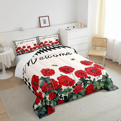 Erosebridal Spring Geranium Flowers Down Comforter Queen Rustic Farmhouse Plaid Floral Bedding Sets Country Garden Style Comforter Set for Teen Girls Women,Pastoral Bee Quilt Duvet Cabin Decor