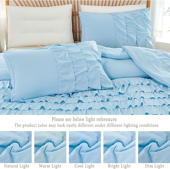 PERFEMET Ruffles Comforter Set 3 Pieces Light Blue Full Comforter Set Shabby Chic Bedding Sets for Women Teen Girls Soft and Breathable All Season Use
