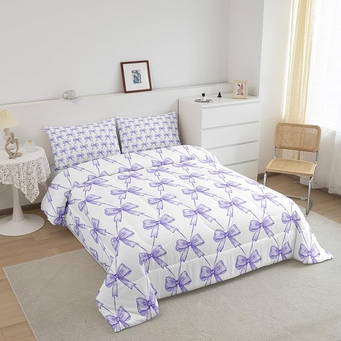 Feelyou Purple Bow Comforter Set Twin Size Cute Bowknot Bedding Set Boys Girls Kawaii Comforter for Kids Women Men Bow and Stripes Duvet 2Pcs