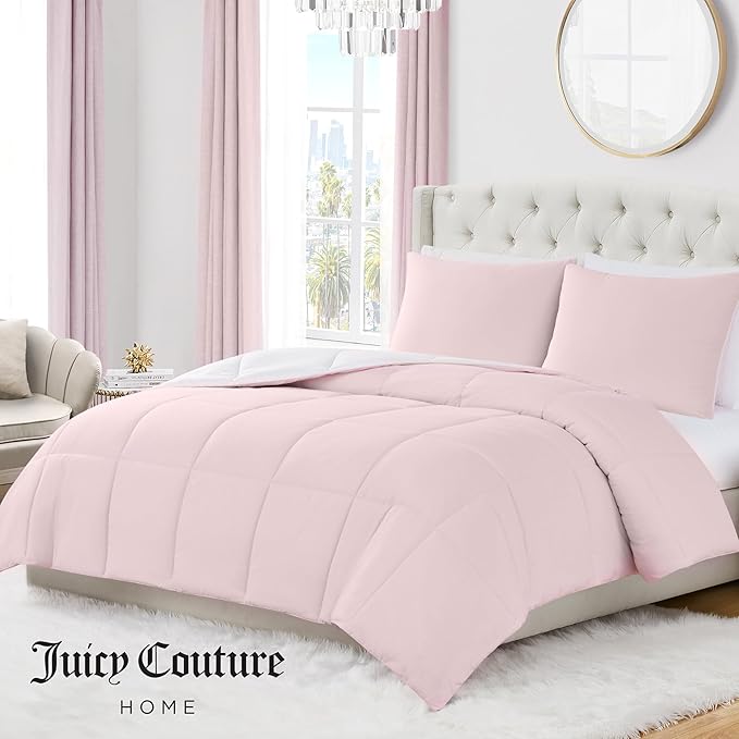 Juicy Couture Reversible Box Stitch Comforter Set, 3-Piece King – Pink Marshmallow/White – Glam Bedding Set