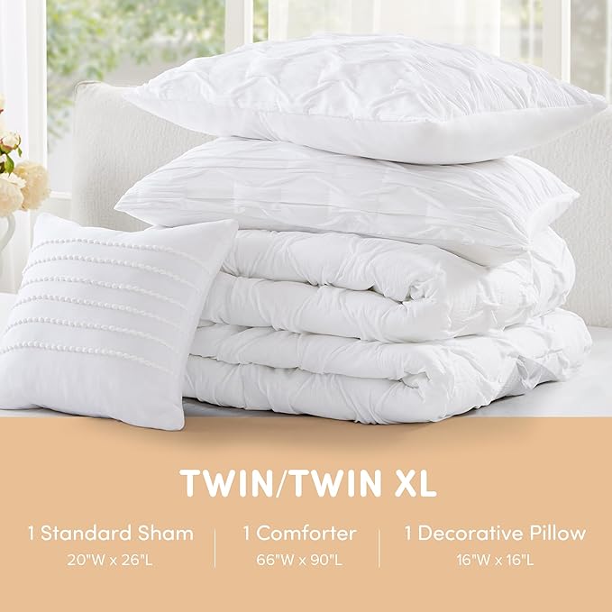 Comfort Spaces Twin/Twin XL Comforter Set for College Ogee Ruched Crinkle Texture Breathable Comforter Set Twin Dorm All Season Lightweight Bedding Set Shabby Chic Décor Pilow White 3 Piece
