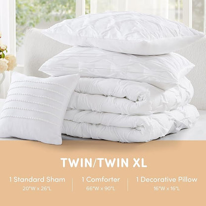 Comfort Spaces Twin/Twin XL Comforter Set for College Ogee Ruched Crinkle Texture Breathable Comforter Set Twin Dorm All Season Lightweight Bedding Set Shabby Chic Décor Pilow White 3 Piece