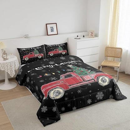 Castle Fairy Merry Christmas Theme Kids Comforter Set King,Xmas Tree Red Truck Snowflake Watercolor Graffiti Print Bedding Set for Teenager Bedrrom Decor,Farmhouse Vintage Rustic Quilt 3 Pcs