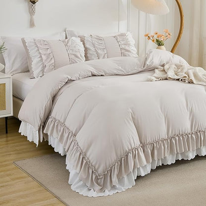 Herside Beige Ruffle Comforter Set Queen Size,Boho Shabby Chic Bedding Sets, Soft Fluffy Comforters Sets for All Season,Vintage Ruffled 3 Pcs Microfiber Lightweight Quilt Set Gift for Women Girls