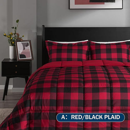 downluxe Lightweight Plaid Comforter Set (King) with 2 Pillow Shams - 3-Piece Set - Red/Black Plaid - Down Alternative Reversible Comforter