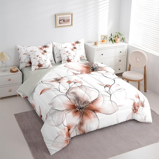Erosebridal Light Brown Flower Twin 7 Pcs Bedding Set, Boho Floral Comforter Set with Sheets, Watercolor Flower Chic Bed Sets for Women Adults Girls, Ink Painting Style Blossom & Leaf Bed in A Bag