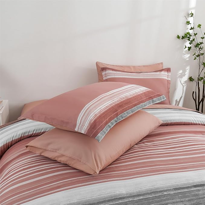 KAKIJUMN 7 Piece Bed in a Bag Stripe Comforter Set Queen Size, White Grey Blush Pink Patchwork Striped Comforter and Sheet Set, All Season Soft Microfiber Complete Bedding Sets(Pink,Queen)