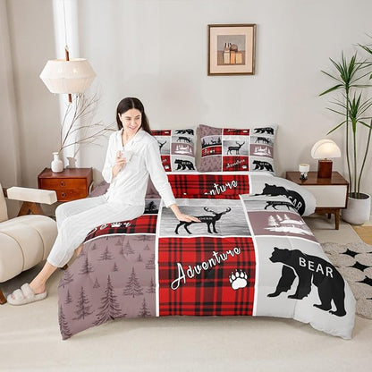 Erosebridal Rustic Plaid Patchwork Comforter Set Queen, Hunting Bear Deer Bedding Set Country Farmhouse Vintage Duvet Insert Woodland Wild Animal Grid Claw Quilt Adventure Camping Bedroom Decor, Red