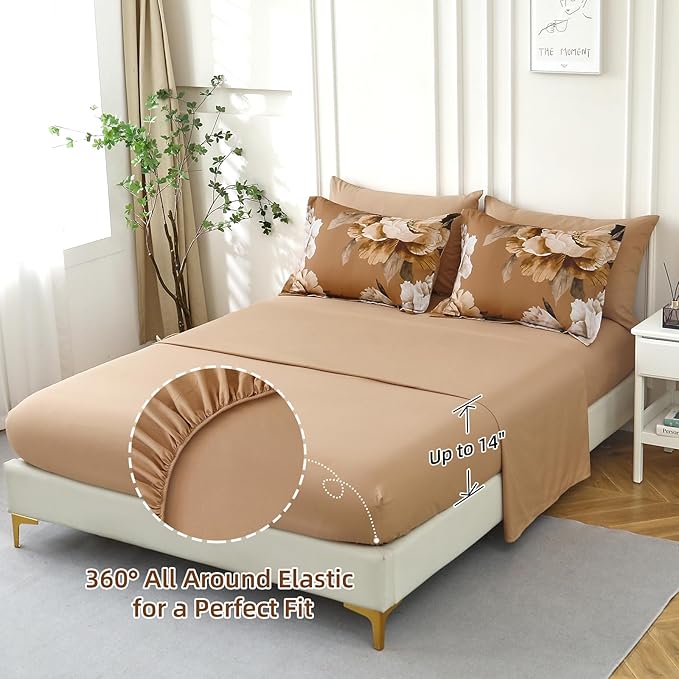 Dobuyly Brown King Size Comforter Set 7 Piece Bed in a Bag, Floral Printed on Brown Comforter Set with Sheets, Soft Microfiber Botanical Fall Complete Bedding Set for All Season