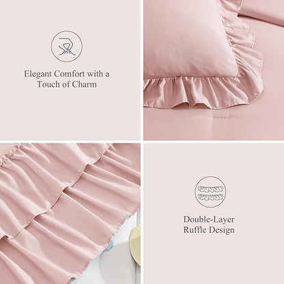 Full Comforter Set Soft Pink, Ruffle Shabby Chic Bedding Set Farmhouse 7 Pieces, All Season Fluffy Bed in a Bag with Sheets, Pillowcases & Shams