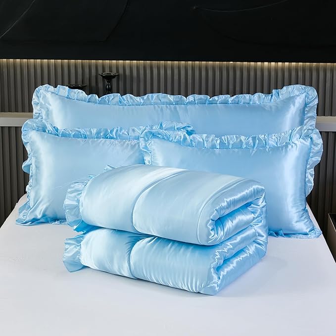 Satin King Comforter Silk Like Baby Blue Bedding 4 Pcs Hotel Soft Polyester Bed Set Luxury Silky Body Pillow Cover Ruffle Home Decor