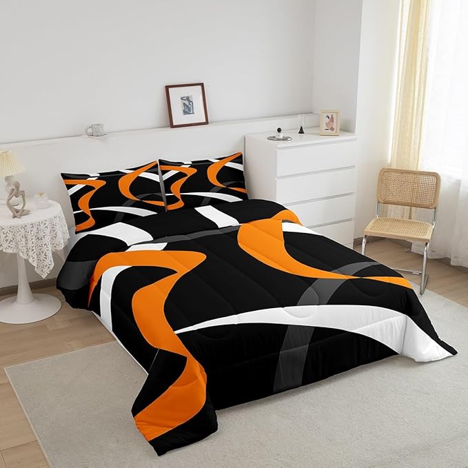 Erosebridal Abstract Black Orange Bedding Comforter Sets Dark Grey White Striped Bedding Set Queen Geometric Stripes Down Comforter for Kids Boys Adults Men Modern Fashion Quilt Duvet