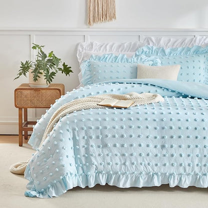 Flysheep Tufted Dots Ruffle Comforter Set Twin Size, 3 Pieces Blue Vintage Farmhouse Shabby Chic Comforters, Jacquard Boho Bohemian Bedding Set for Kids (1 Ruffled Comforter+ 2 Pillow Shams)