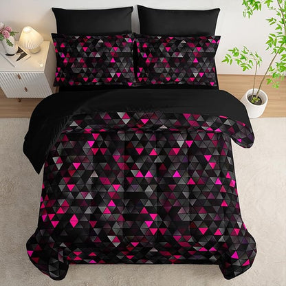 Geometric Pink Black Triangle Full Size Comforter Set,Light Honeycomb Bedding Set 7 Piece in A Bag,Bed Sheet Set Geometry Decor,Microfiber Lightweight All Season