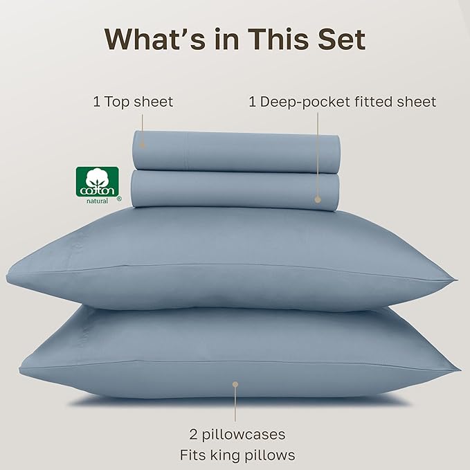 100% Egyptian Cotton Sheets Set California King Size - Certified Authentic Luxury, Soft and Durable Sateen, Deep Pocket Cal King Sheet Set - Blue Hydrangea