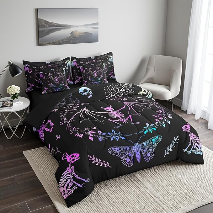 Moth Animal Comforter Set,Gothic Skull Boho Kids Bedding Set for Bedroom Decor,Black and White Skeleton Bed Set(Comforter+Fitted+Flat Sheet+Pillowcases+Pillow Covers),King