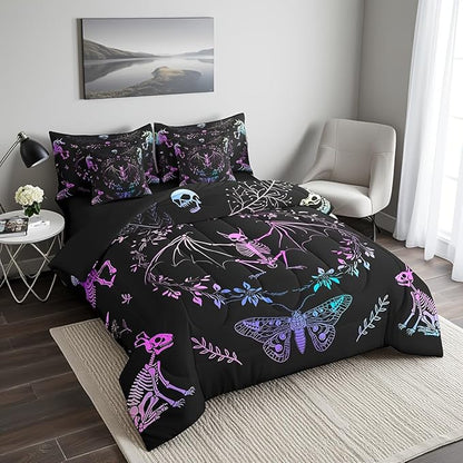 Castle Fairy Moth Animal Comforter Set in a Bag 7 Pieces,Gothic Skull Boho Quilt Set,Black and White Skeleton Bedding Set Twin (1 Comforter,2 Pillowcase,2 Pillow Covers,1 Flat Sheet,1 Fitted Sheet)