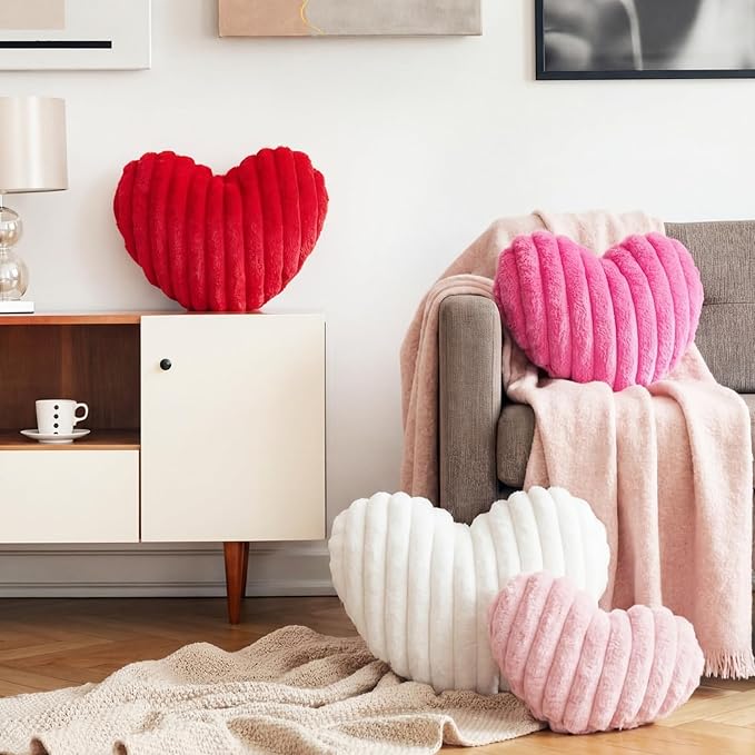 4 Pcs Heart Shaped Throw Pillows Set, 17/15/13 Inch Large Faux Fur Striped Cushions Pink Red White Heart Pillows for Couch, Bedroom, Living Room Wedding Decor