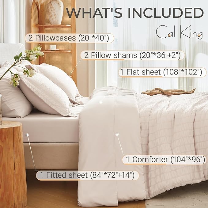 MUXHOMO 7 Pieces California King Comforter Set, Seersucker Bed in a Bag Cal King Size, All Season Luxury Bedding Set with Comforter, Flat Sheet, Fitted Sheet, Pillowcases & Shams, Beige
