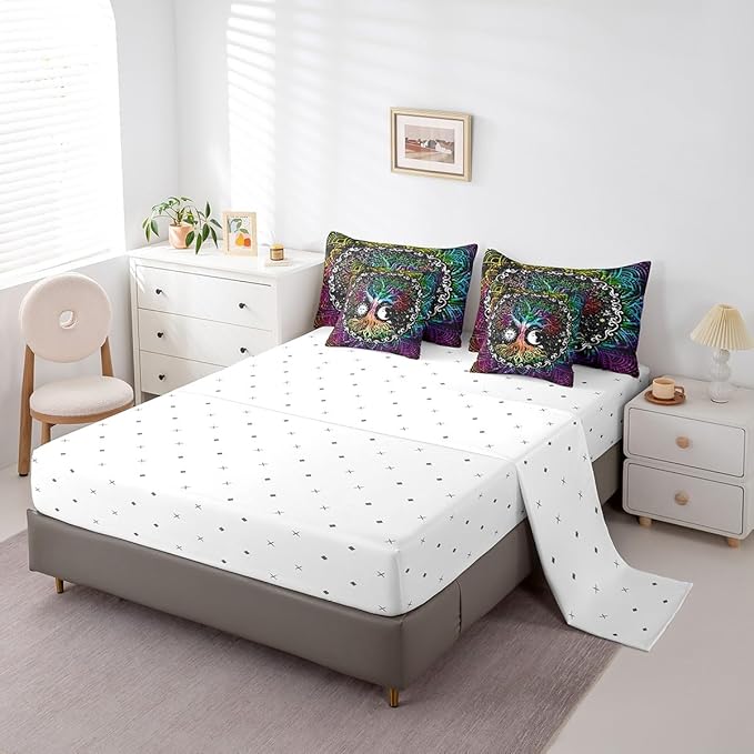 Erosebridal 7 Pcs Tree of Life Comforter Set Twin Size,Sun and Moon Bed in a Bag with Flat Fitted Sheet for Kids and Adults,Boho Mandala Flower Galaxy Bedding Set with Pillowcases and Cushion Cases