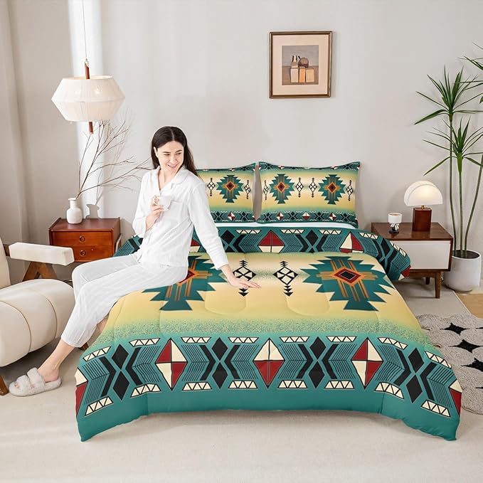 Erosebridal Boys Western Aztec Bedding Set Queen Size, Native Tribal Ethnic Comforter Set Farmhouse Boho Geometric Duvet Insert Southwestern Ethnic American Native Quilt for Adult Men,Green Yellow