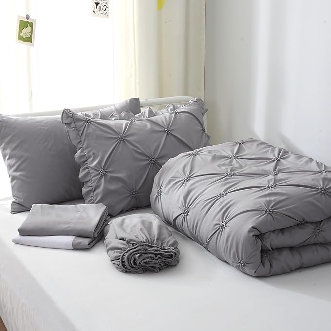 JOLLYVOGUE Gray Bed in a Bag Comforter Set for Bedroom, Pintuck Twin Size Comforter Sets 5 Pieces, Beddding Sets with Comforter, Sheets,Ruffled Shams & Pillowcases